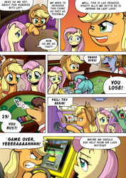 Size: 1204x1700 | Tagged: safe, artist:tarkron, applejack, fluttershy, earth pony, pegasus, pony, comic:what happens in las pegasus, bits, blackjack, casino, coin, comic, craps, crazy taxi, dealer, dice, epic fail, fail, female, male, mare, money, slot machine, speech bubble, stallion, unlucky