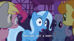 Size: 640x356 | Tagged: safe, derpibooru import, edit, edited screencap, screencap, carrot top, derpy hooves, golden harvest, linky, pinkie pie, shoeshine, trixie, earth pony, pegasus, pony, unicorn, boast busters, caption, female, image macro, mare, text