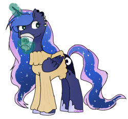 Size: 400x372 | Tagged: safe, artist:ts46386, princess luna, alicorn, pony, clothes, ear piercing, earring, glowing horn, jewelry, piercing, solo, starbucks, sweater
