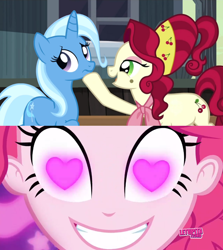 Size: 852x954 | Tagged: safe, derpibooru import, edit, edited screencap, screencap, cherry jubilee, pinkie pie, trixie, earth pony, pony, unicorn, coinky-dink world, eqg summertime shorts, equestria girls, the last roundup, building, eyelashes, female, heart, heart eyes, meme, pinkie's eyes, shipping, shipping domino, smiling, wingding eyes