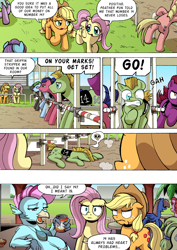 Size: 1204x1700 | Tagged: safe, artist:tarkron, applejack, fluttershy, oc, oc:feather fun, earth pony, hippogriff, pegasus, pony, comic:what happens in las pegasus, angry, applejack is not amused, bikini, clothes, comic, dead, death, epic fail, fail, female, fluttershy is not amused, gah, heart attack, male, mare, shrunken pupils, sling bikini, stallion, swimsuit, unamused