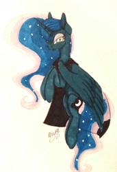 Size: 972x1422 | Tagged: safe, artist:moondaneka, princess luna, alicorn, pony, cape, clothes, flying, simple background, solo, traditional art