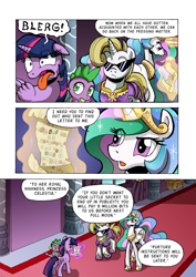 Size: 1204x1700 | Tagged: safe, artist:tarkron, princess celestia, spike, twilight sparkle, twilight sparkle (alicorn), oc, oc:cosmo cool, alicorn, dragon, pony, comic:the royal sandal, comic, magic, telekinesis, tongue out