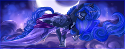 Size: 4000x1590 | Tagged: safe, artist:segraece, princess luna, alicorn, pony, clothes, dress, ear piercing, earring, face paint, horn jewelry, jewelry, moon, night, piercing, solo
