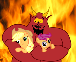 Size: 500x412 | Tagged: safe, applejack, scootaloo, earth pony, pony, crossover, fire, satan, south park, vector