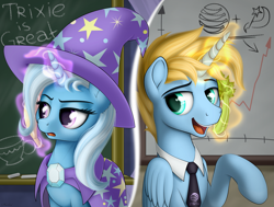 Size: 2777x2100 | Tagged: safe, artist:awalex, derpibooru import, trixie, oc, oc:harmony star, alicorn, unicorn, a matter of principals, alicorn oc, banana, bananaphone, duo, food, male, necktie, phone call, stallion