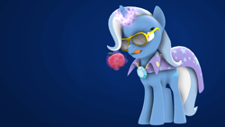 Size: 3840x2160 | Tagged: safe, artist:unconid, derpibooru import, trixie, pony, unicorn, 3d, apple, female, food, glasses, licking, licking lips, mare, solo, tongue out