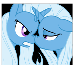 Size: 895x848 | Tagged: safe, artist:gsphere, artist:kratoxy, derpibooru import, trixie, pony, unicorn, angry, boop, duality, female, horns are touching, lidded eyes, mare, noseboop, self ponidox