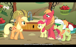 Size: 768x480 | Tagged: safe, screencap, apple bloom, applejack, big macintosh, granny smith, earth pony, pony, the super speedy cider squeezy 6000, male, stallion, youtube caption