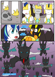 Size: 1244x1737 | Tagged: safe, artist:otakon, shining armor, oc, oc:dark thunder, changeling, pony, unicorn, comic:canterlot hero 2, commission, group, royal guard