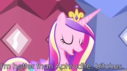 Size: 1280x720 | Tagged: safe, princess cadance, alicorn, pony, aphrodite, greek mythology, hubris, image macro, meme, smug, solo, this will end in tears, vulgar