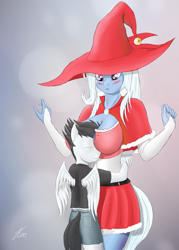Size: 1197x1669 | Tagged: safe, artist:kasaler, derpibooru import, rumble, trixie, anthro, bad touch, blushing, boob smothering, breasts, cleavage, clothes, cosplay, costume, embarrassed, female, hug, molestation, nail polish, smothering, titsie