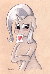 Size: 3250x4752 | Tagged: safe, artist:peruserofpieces, derpibooru import, trixie, unicorn, blushing, crossed arms, female, floppy ears, fluffy, heart, hearts and hooves day, holiday, looking at you, mare, mouth hold, pencil drawing, solo, toned paper, traditional art, valentine's day
