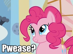 Size: 600x445 | Tagged: safe, screencap, pinkie pie, earth pony, pony, feeling pinkie keen, caption, cute, diapinkes, female, image macro, looking up, mare, meme, reaction image, smiling, solo