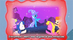 Size: 300x164 | Tagged: safe, derpibooru import, screencap, bon bon, carrot top, golden harvest, sweetie drops, trixie, earth pony, pony, unicorn, boast busters, magic duel, animated, background pony, caption, clothes, female, fleeing, humiliation, laughing, magic projection, mare, memories, pointing, poor trixie, ridicule, shunning, smoke bomb, subtitles, trixie's cape, trixie's hat, trixivision