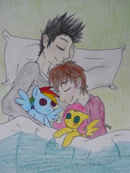 Size: 810x1080 | Tagged: safe, artist:haterthepony, fluttershy, rainbow dash, human, pony, gay, male, plushie, sleeping