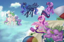 Size: 1350x900 | Tagged: safe, artist:partycannoninc, princess cadance, princess celestia, princess luna, spike, twilight sparkle, twilight sparkle (alicorn), alicorn, dragon, pony, alicorn tetrarchy, beach, female, mare