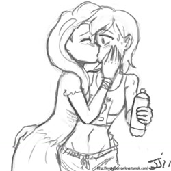 Size: 1280x1280 | Tagged: safe, artist:johnjoseco, fluttershy, rainbow dash, human, belly button, clothes, dress, female, flutterdash, grayscale, humanized, kissing, lesbian, midriff, monochrome, shipping, sports bra