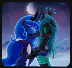 Size: 1451x1362 | Tagged: safe, artist:willisninety-six, princess luna, queen chrysalis, alicorn, changeling, changeling queen, pony, blushing, chrysaluna, eyes closed, female, kissing, lesbian, mare, shipping