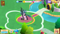 Size: 1280x720 | Tagged: safe, princess cadance, queen chrysalis, alicorn, changeling, changeling queen, pony, female, gameloft, glitch, horn