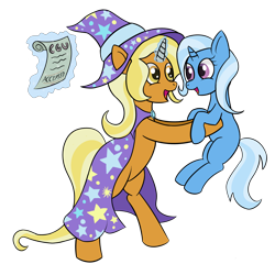 Size: 4000x4000 | Tagged: safe, artist:sethisto, derpibooru import, idw, sunflower spectacle, trixie, pony, unicorn, spoiler:comic, spoiler:comic40, clothes, female, filly, filly trixie, hat, like mother like daughter, mare, mother and child, mother and daughter, parent and child, wizard, wizard hat, young, younger