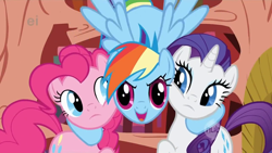 Size: 640x360 | Tagged: safe, screencap, pinkie pie, rainbow dash, rarity, earth pony, pegasus, pony, unicorn, dragonshy, ei, hub logo