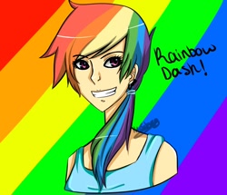 Size: 876x755 | Tagged: safe, artist:mrssoulevans, rainbow dash, clothes, female, humanized, multicolored hair, solo