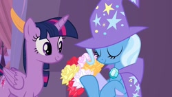 Size: 1280x720 | Tagged: safe, artist:themexicanpunisher, derpibooru import, edit, edited screencap, screencap, trixie, twilight sparkle, twilight sparkle (alicorn), alicorn, pony, the summer sun setback, bouquet, female, flower, hearts and hooves day, holiday, lesbian, shipping, twixie, valentine's day