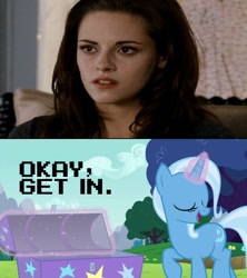 Size: 568x640 | Tagged: safe, artist:darknessawakens13, derpibooru import, edit, edited screencap, screencap, trixie, human, pony, unicorn, no second prances, bella swan, caption, female, magic, mare, meme, telekinesis, twilight (series)