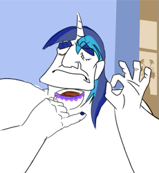 Size: 557x605 | Tagged: safe, shining armor, pony, unicorn, bomb ass tea, exploitable meme, food, meme, pacha, tea, teacup, when x just right