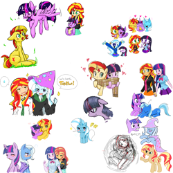 Size: 2200x2200 | Tagged: source needed, safe, artist:lotte, derpibooru import, sunset shimmer, trixie, twilight sparkle, twilight sparkle (alicorn), alicorn, pony, equestria girls, blushing, clothes, collage, counterparts, female, humanized, japanese, lesbian, magical trio, ot3, scarf, shared clothing, shared scarf, shipping, sunsetsparkle, sunsetsparkletrix, suntrix, twilight's counterparts, twixie