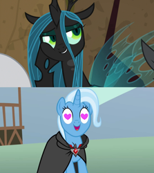 Size: 1280x1436 | Tagged: safe, derpibooru import, edit, edited screencap, screencap, lord tirek, queen chrysalis, trixie, changeling, changeling queen, frenemies (episode), magic duel, alicorn amulet, female, heart eyes, lesbian, shipping, shipping domino, trixalis, wingding eyes