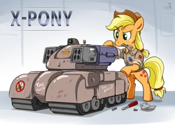 Size: 1000x717 | Tagged: safe, artist:doomy, applejack, earth pony, pony, clothes, crossover, mouth hold, solo, tank (vehicle), x-com