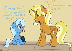 Size: 1400x1000 | Tagged: safe, artist:spritepony, derpibooru import, idw, sunflower spectacle, trixie, pony, unicorn, ursa minor, spoiler:comic, spoiler:comic40, cute, diatrixes, female, filly, filly trixie, foal, like mother like daughter, mare, mother and child, mother and daughter, parent and child, plushie, ursa plush, young, younger