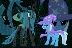 Size: 1200x800 | Tagged: safe, artist:cparty232, derpibooru import, queen chrysalis, trixie, changeling, changeling queen, female, lesbian, shipping, trixalis, wallpaper