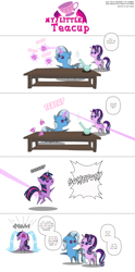 Size: 1764x3566 | Tagged: safe, artist:perfectblue97, derpibooru import, starlight glimmer, trixie, twilight sparkle, twilight sparkle (alicorn), alicorn, pony, unicorn, accident, censored vulgarity, comic, crying, cup, drunk, female, grawlixes, mare, ocular gushers, out of character, pointy ponies, speech bubble, teacup, that pony sure does love teacups