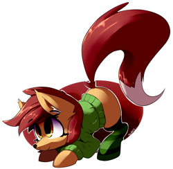 Size: 4800x4680 | Tagged: safe, artist:bloodatius, oc, oc only, fox pony, pony, absurd resolution, clothes, smiling, socks, solo, stockings, striped socks, thigh highs