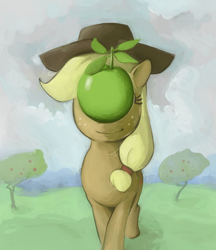 Size: 500x580 | Tagged: safe, artist:luna-sedata, applejack, earth pony, pony, fine art parody, hilarious in hindsight, modern art, parody, rené magritte, solo, the son of man