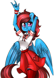 Size: 885x1221 | Tagged: safe, artist:laity, oc, oc only, oc:lucid heart, anthro, pegasus, clothes, cute, cutie mark on clothes, devil horn (gesture), female, heart eyes, school uniform, schoolgirl, skirt, skirt lift, solo, stockings, thigh highs, wingding eyes, wings, ych result