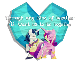 Size: 3176x2609 | Tagged: safe, artist:drawntildawn, princess cadance, shining armor, alicorn, pony, unicorn, crystal heart, female, lyrics, male, shiningcadance, shipping, straight, valentine