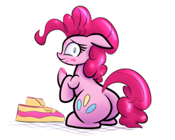 Size: 1280x1024 | Tagged: safe, artist:bellspurgebells, pinkie pie, earth pony, pony, balloonbutt, cake, floppy ears, food, plot, simple background, solo, style emulation, white background