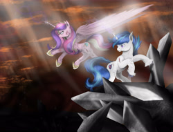 Size: 3401x2602 | Tagged: safe, artist:vinicius040598, princess cadance, shining armor, alicorn, pony, unicorn, crystal, crystal empire, female, glowing horn, injured, male, shadow, shiningcadance, shipping, straight