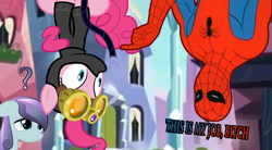 Size: 600x330 | Tagged: safe, edit, edited screencap, screencap, pinkie pie, earth pony, pony, the crystal empire, 60s spider-man, meme, pinkie spy, question mark, spider-man, spy, upside down