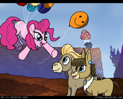 Size: 900x720 | Tagged: safe, artist:ladyanidraws, cranky doodle donkey, matilda, pinkie pie, donkey, earth pony, pony, balloon, crankilda, parody, then watch her balloons lift her up to the sky, up