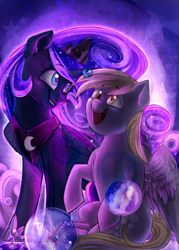 Size: 2601x3638 | Tagged: safe, artist:segraece, derpy hooves, princess luna, alicorn, pegasus, pony, bubble, female, mare, open mouth, sitting, smiling, spread wings, stars