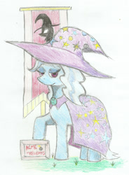 Size: 1280x1738 | Tagged: safe, artist:arcanelexicon, derpibooru import, trixie, pony, unicorn, box, female, mare, solo, traditional art