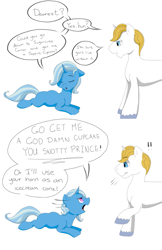 Size: 719x1112 | Tagged: safe, artist:northernnerds, derpibooru import, prince blueblood, trixie, pony, unicorn, bluetrix, cravings, female, male, mare, mood swing, pregnant, shipping, straight, swearing