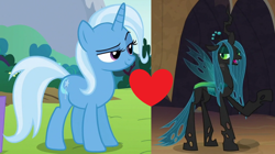 Size: 1248x700 | Tagged: safe, derpibooru import, queen chrysalis, trixie, changeling, changeling queen, female, lesbian, shipping, shipping domino, trixalis