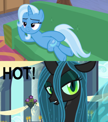Size: 1280x1440 | Tagged: safe, derpibooru import, edit, edited screencap, screencap, queen chrysalis, trixie, changeling, changeling queen, a canterlot wedding, road to friendship, draw me like one of your french girls, female, lesbian, out of character, shipping, shipping domino, trixalis