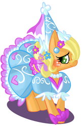 Size: 1984x2982 | Tagged: safe, artist:fauxsquared, applejack, earth pony, pony, blushing, clothes, dress, froufrou glittery lacy outfit, hennin, solo